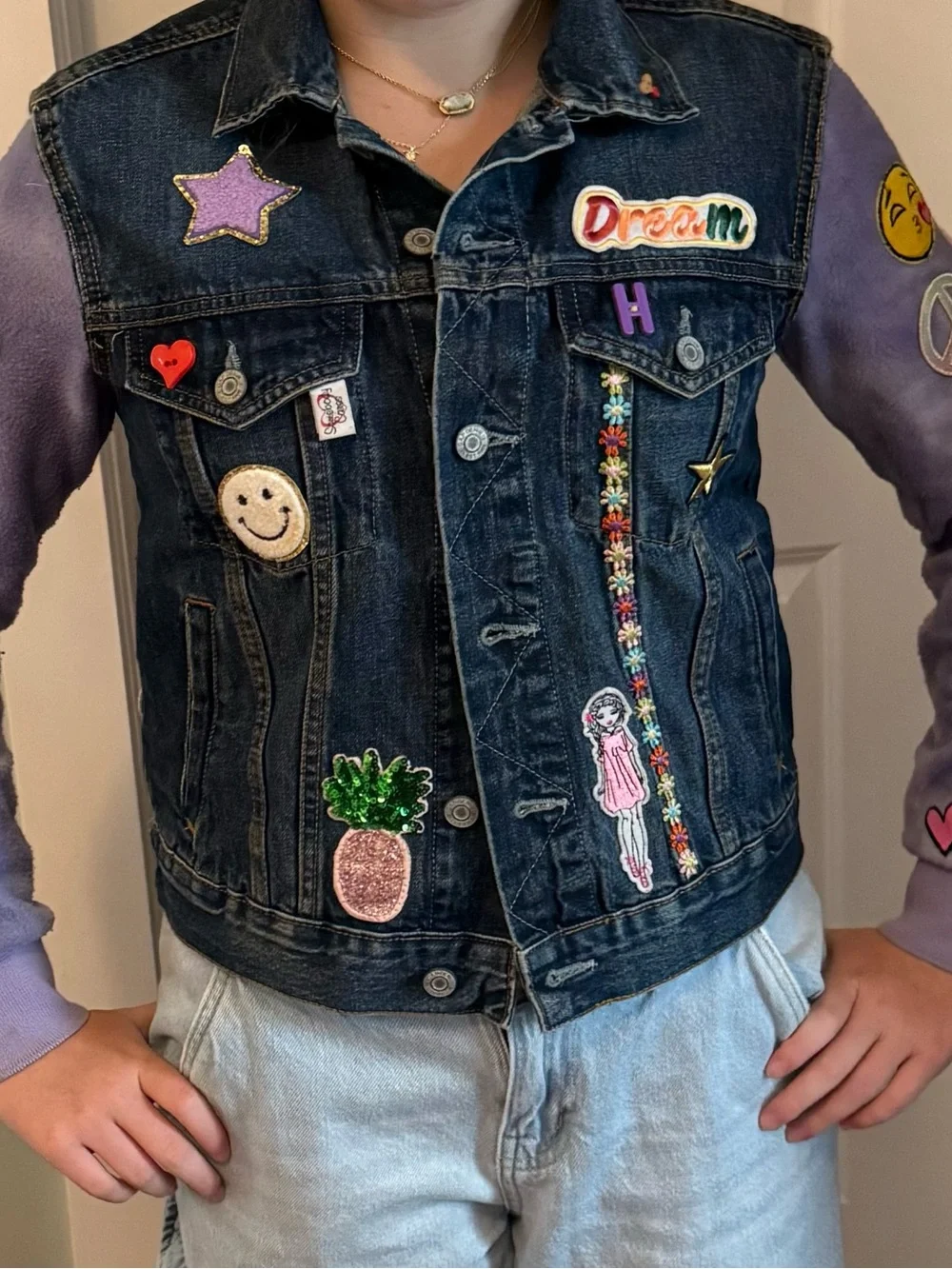 Embroidered jean jacket with Colorful Patches
